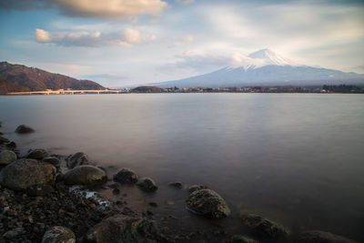 Scenic view of snowcapped mountain against cloudy sky