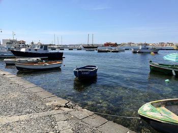 Sailboats moored at harbor