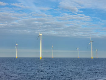 Wind turbines in sea against sky