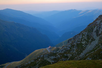Sunrise on fagaras high mountain ridge. romanian mountain landscape with high peaks over 2200m