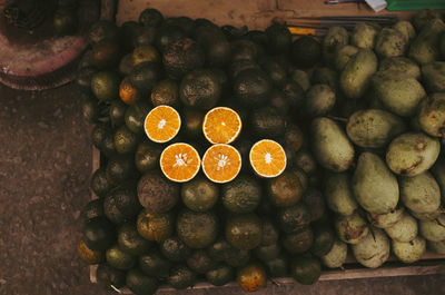 High angle view of fruits for sale at market stall