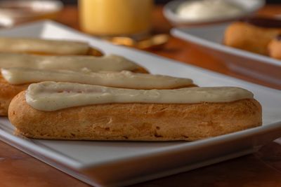 High angle view of bread in plate on table
