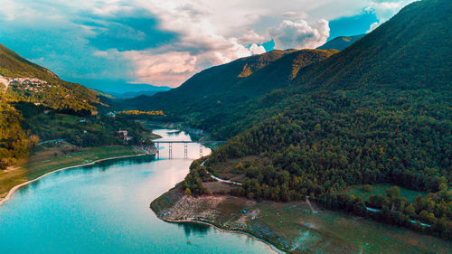 Scenic view of hills against sky.  lago del turano, lazio, italy. shot by dji mini 2