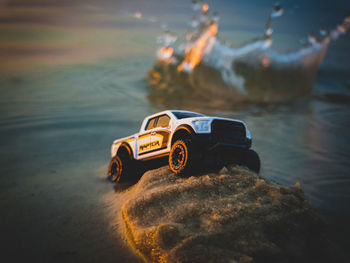 High angle view of toy car on beach