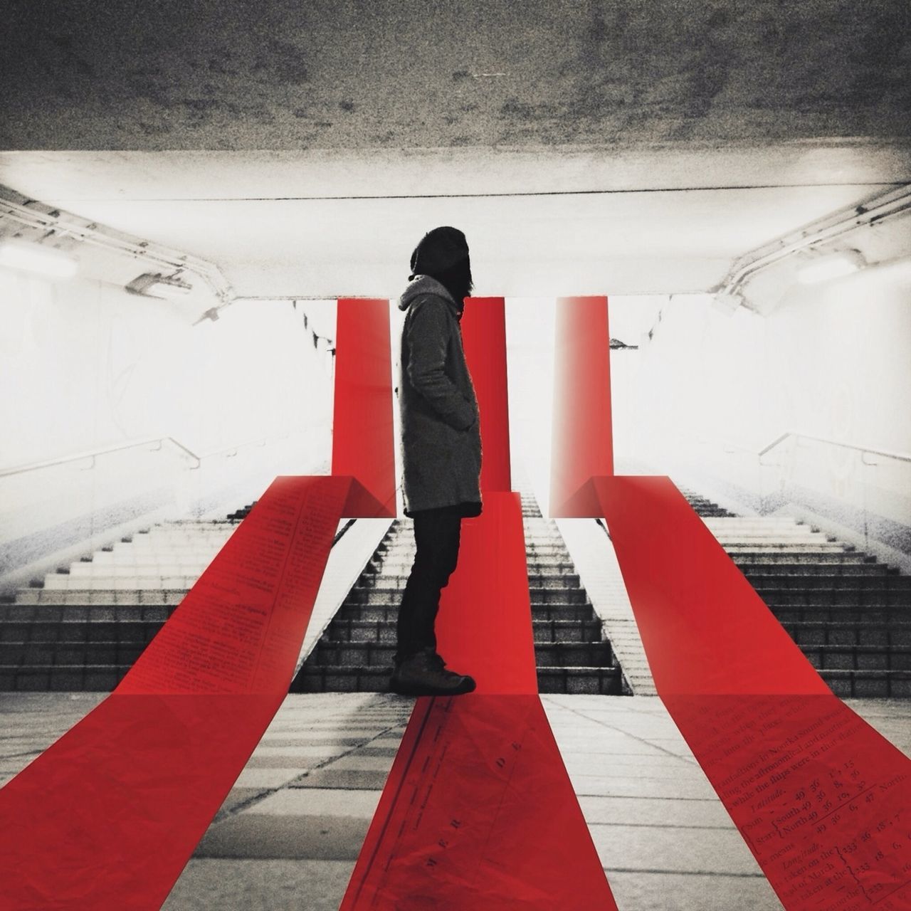 red, built structure, architecture, steps, tiled floor, wall - building feature, the way forward, railing, one person, indoors, steps and staircases, shadow, staircase, day, sunlight, standing, building exterior, empty, flooring