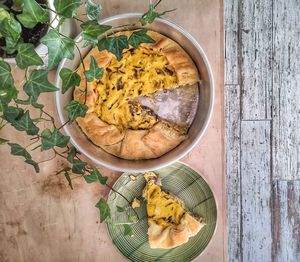 High angle view of leaves in bowl on table