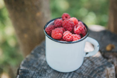 High angle view of strawberries on table
