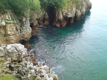 High angle view of sea by rock formation