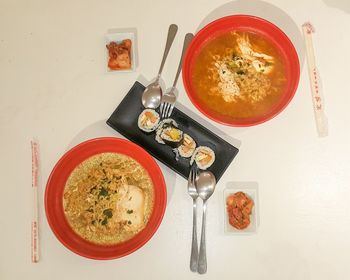 High angle view of food served on table