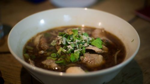 Close-up of soup in bowl on table