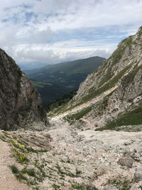 Scenic view of valley and mountains against sky