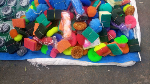 High angle view of scouring pads at market