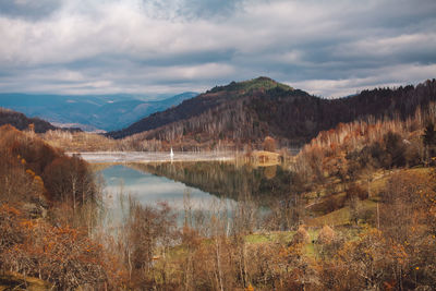 Scenic view of lake and mountains against sky