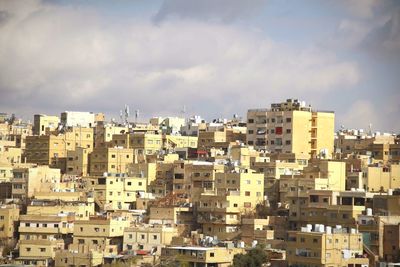 High angle view of buildings against sky