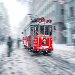 Red train in winter