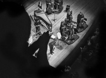 High angle view of people on table