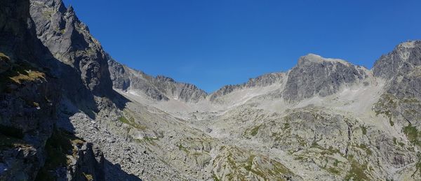 Panoramic view of rocky mountains against clear blue sky