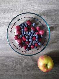 High angle view of apples in bowl on table