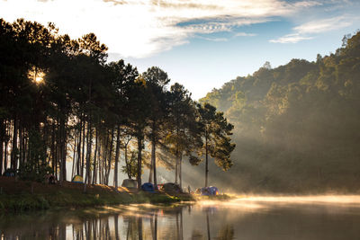 Scenic view of lake by trees against sky