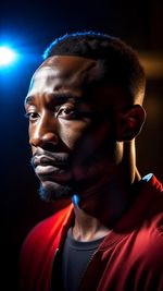 Portrait of man looking away against black background