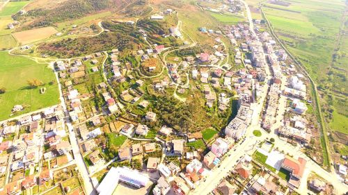 High angle view of townscape and trees in city