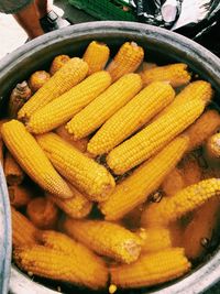 High angle view of yellow eggs in container