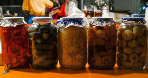 Variety of pickled jars for sale at store