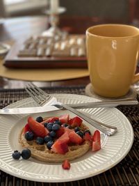 High angle view of breakfast served on table