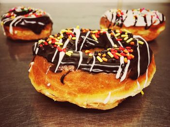 Close-up of donuts on table