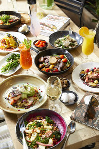 High angle view of food served on table