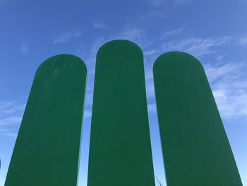 Low angle view of green leaf against blue sky