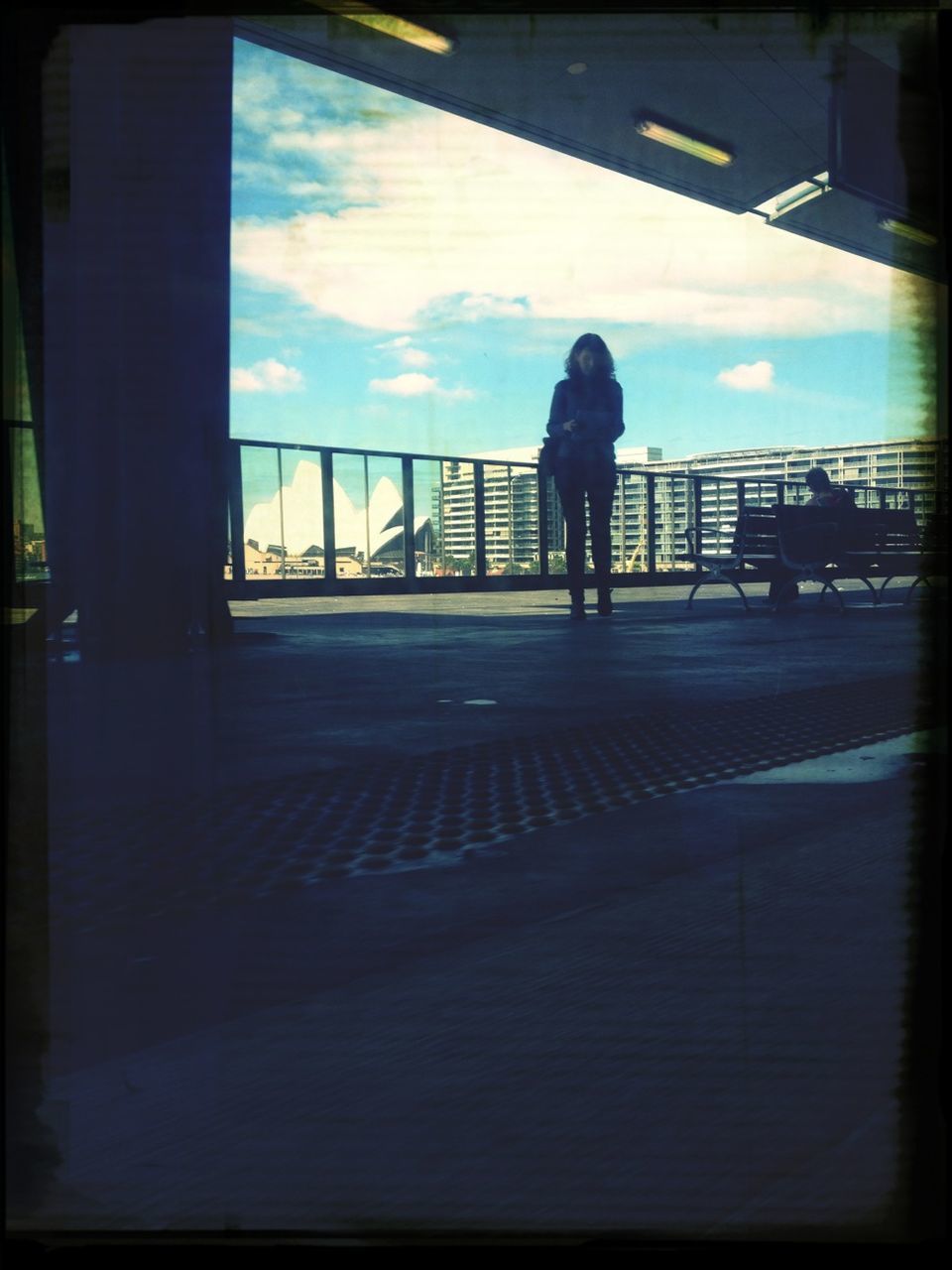 transfer print, indoors, auto post production filter, silhouette, lifestyles, full length, men, sky, standing, rear view, walking, railing, leisure activity, person, built structure, architecture, cloud - sky, cloud