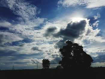 Silhouette of trees on field against cloudy sky
