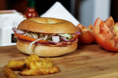 Close-up of burger on table