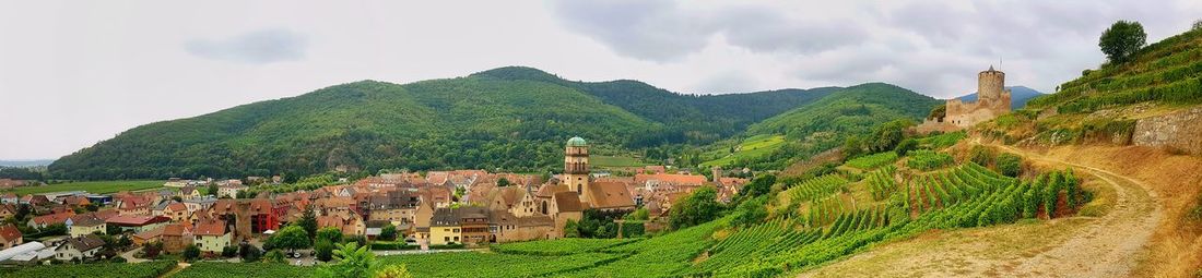 Panoramic view of farm against sky