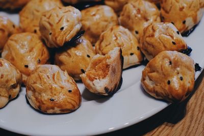 High angle view of cookies in plate on table