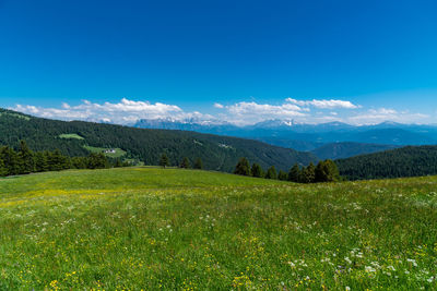 Scenic view of landscape and mountains against blue sky