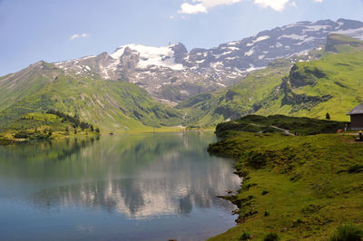 Scenic view of lake by mountains against sky