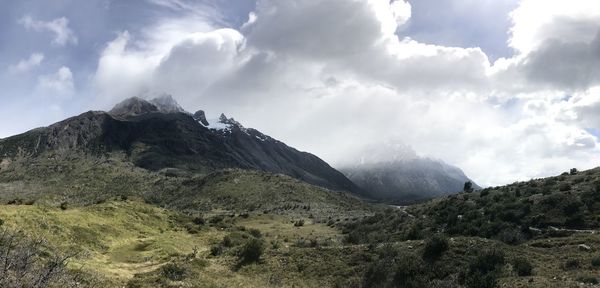 Scenic view of mountains against cloudy sky