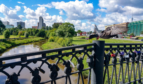 Panoramic view of sculpture in city against sky