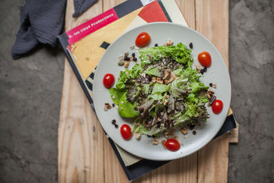 High angle view of salad served in plate on table