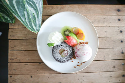 High angle view of breakfast served on table