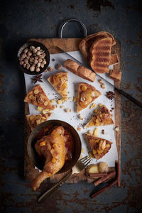 High angle view of breakfast on table