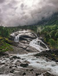 Scenic view of waterfall against sky