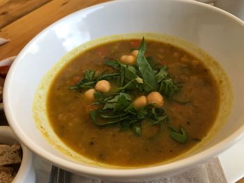 High angle view of soup in bowl on table
