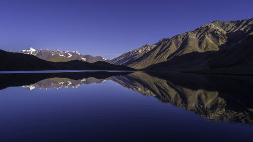 Scenic view of lake and mountains against clear blue sky