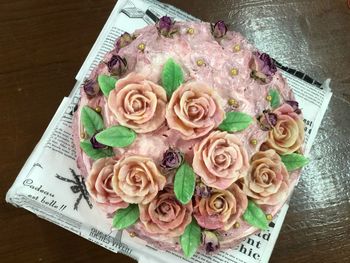 High angle view of roses on table