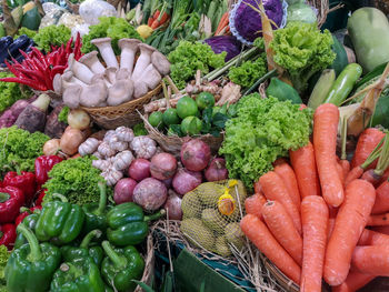 High angle view of vegetables for sale at market stall