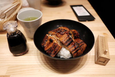 High angle view of food served on table