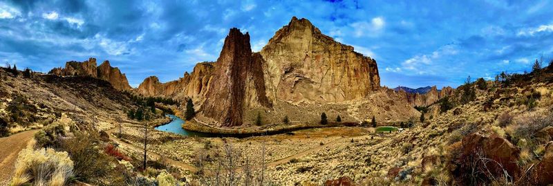 Panoramic view of rock formations against sky